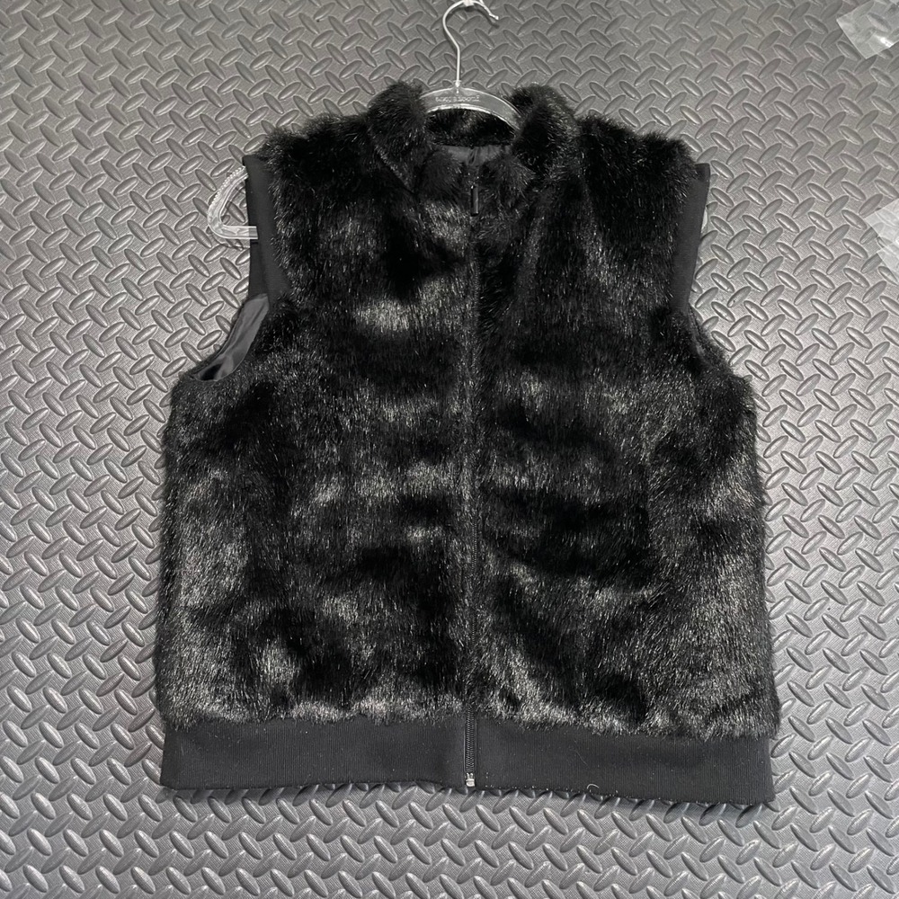 New York & Company Black Acrylic Fur Full Zip Up Vest Women's Size Large